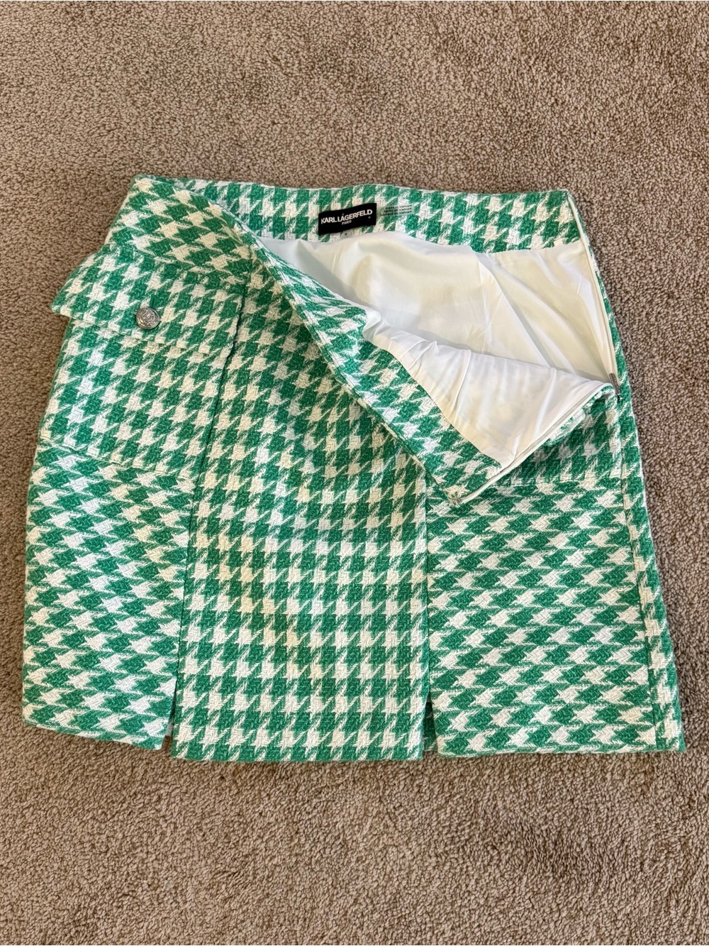 Karl Lagerfeld Paris Green & White Houndstooth Skirt Silver Crest Buttons Size 8 - Picture 5 of 11